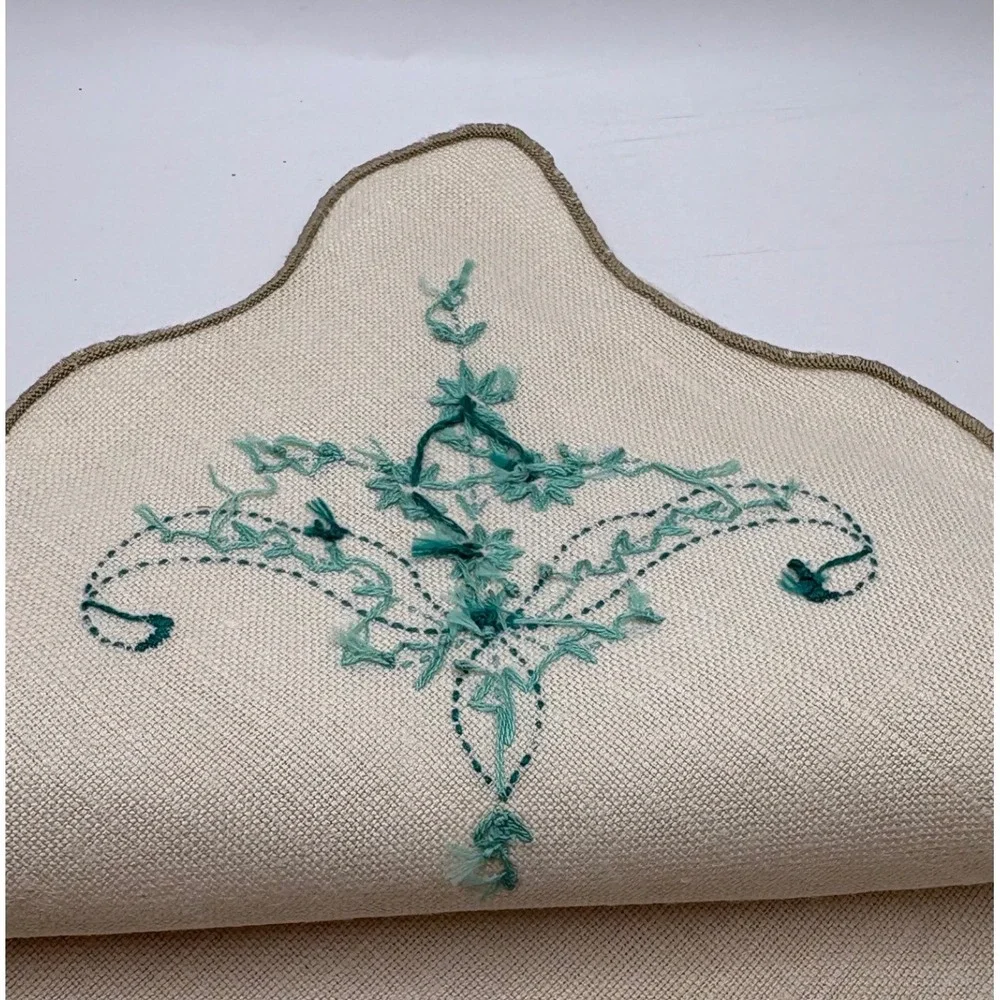 Vintage Hand Embroidered Linen Napkins Set of 4 Scallop Floral Teal Cream 16x16